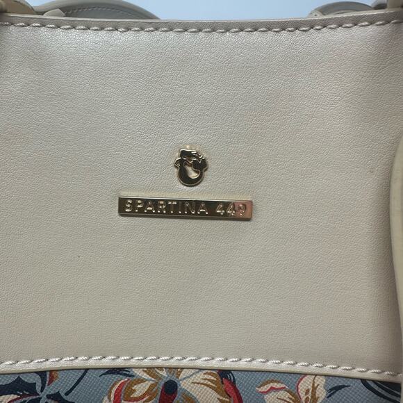 Spartina 449 Designer Hand Bag Tan Blue Floral Leather Purse Snap Close Tassels‎ - Picture 5 of 9